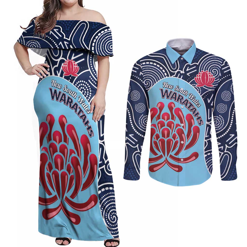 Custom Australia NSW Waratahs Couples Matching Off Shoulder Maxi Dress and Long Sleeve Button Shirt Go Champions Aboriginal Art