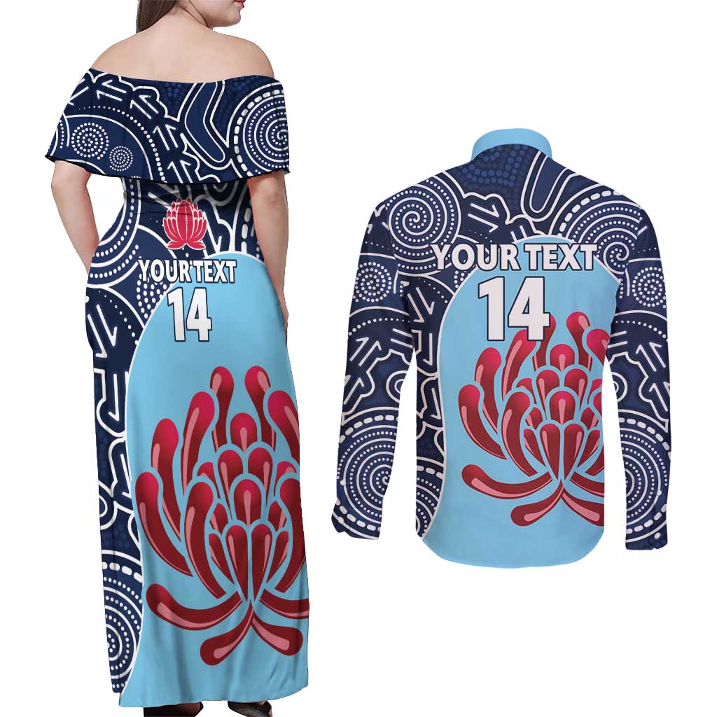 Custom Australia NSW Waratahs Couples Matching Off Shoulder Maxi Dress and Long Sleeve Button Shirt Go Champions Aboriginal Art