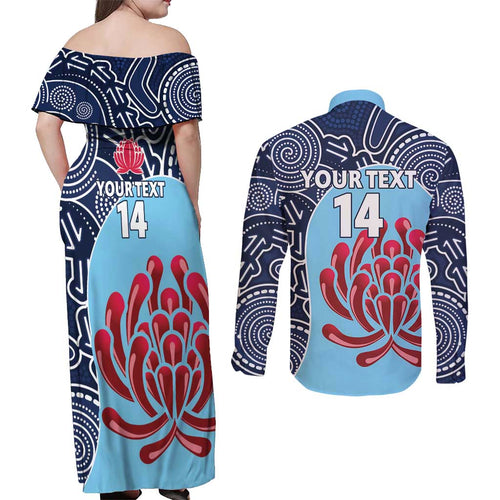 Custom Australia NSW Waratahs Couples Matching Off Shoulder Maxi Dress and Long Sleeve Button Shirt Go Champions Aboriginal Art