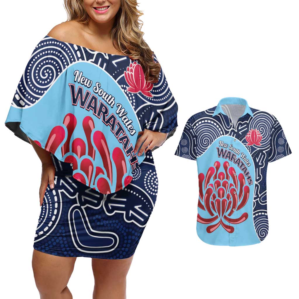 Custom Australia NSW Waratahs Couples Matching Off Shoulder Short Dress and Hawaiian Shirt Go Champions Aboriginal Art