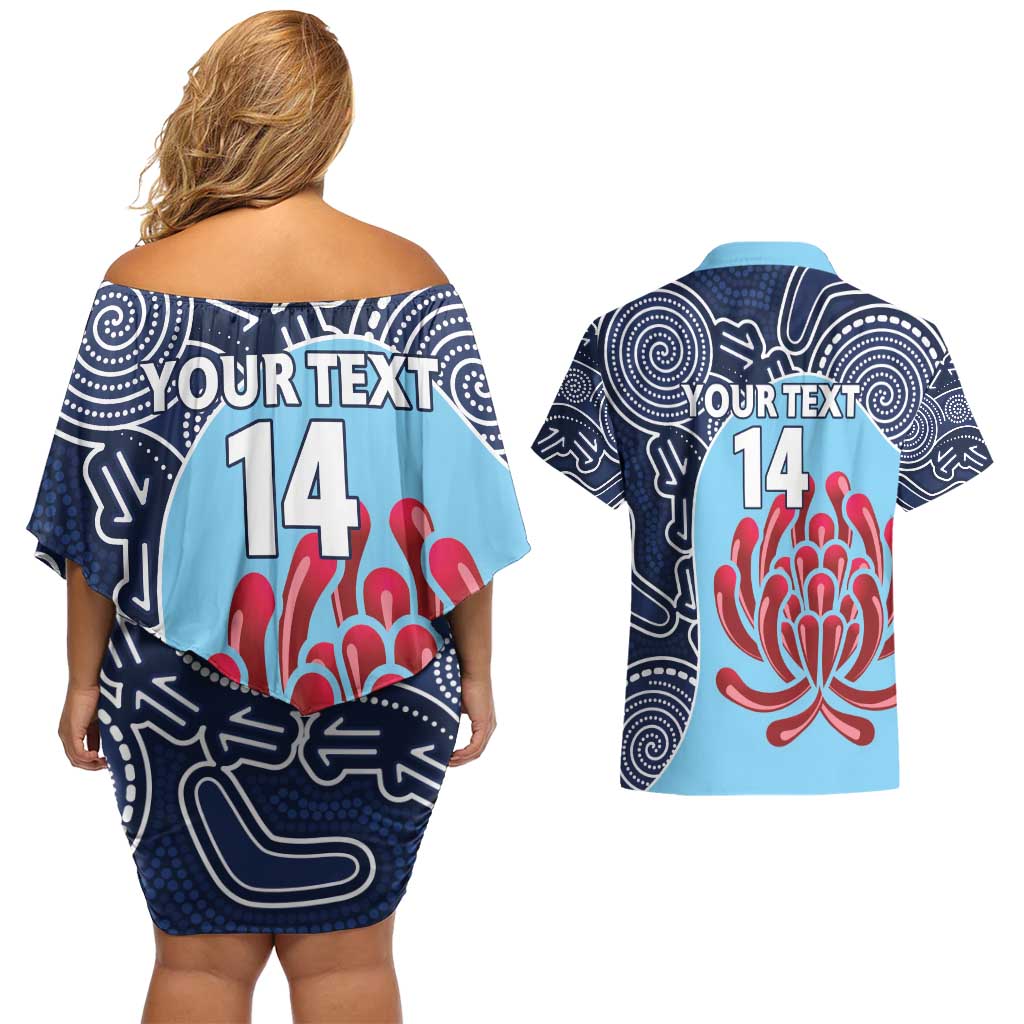 Custom Australia NSW Waratahs Couples Matching Off Shoulder Short Dress and Hawaiian Shirt Go Champions Aboriginal Art