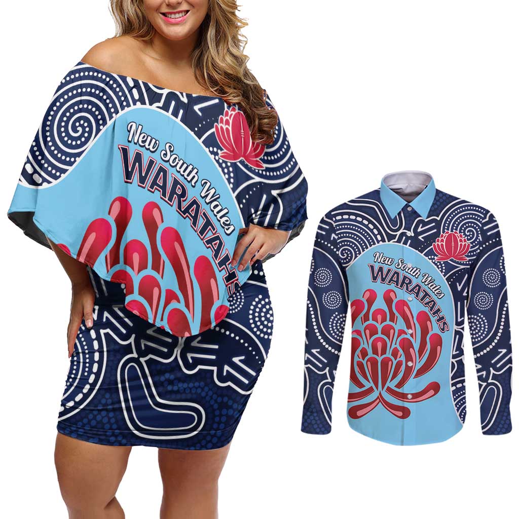 Custom Australia NSW Waratahs Couples Matching Off Shoulder Short Dress and Long Sleeve Button Shirt Go Champions Aboriginal Art
