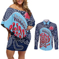 Custom Australia NSW Waratahs Couples Matching Off Shoulder Short Dress and Long Sleeve Button Shirt Go Champions Aboriginal Art