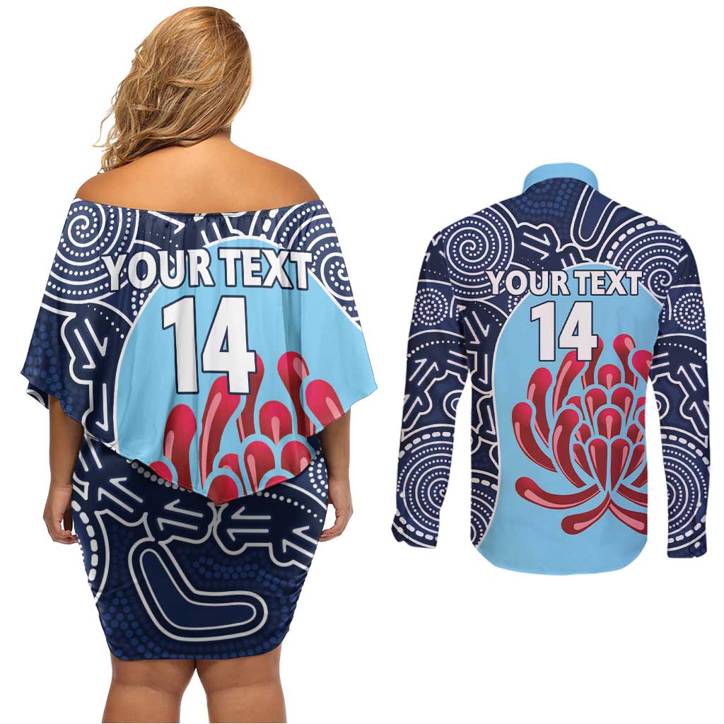 Custom Australia NSW Waratahs Couples Matching Off Shoulder Short Dress and Long Sleeve Button Shirt Go Champions Aboriginal Art