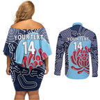Custom Australia NSW Waratahs Couples Matching Off Shoulder Short Dress and Long Sleeve Button Shirt Go Champions Aboriginal Art