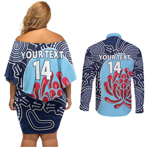 Custom Australia NSW Waratahs Couples Matching Off Shoulder Short Dress and Long Sleeve Button Shirt Go Champions Aboriginal Art