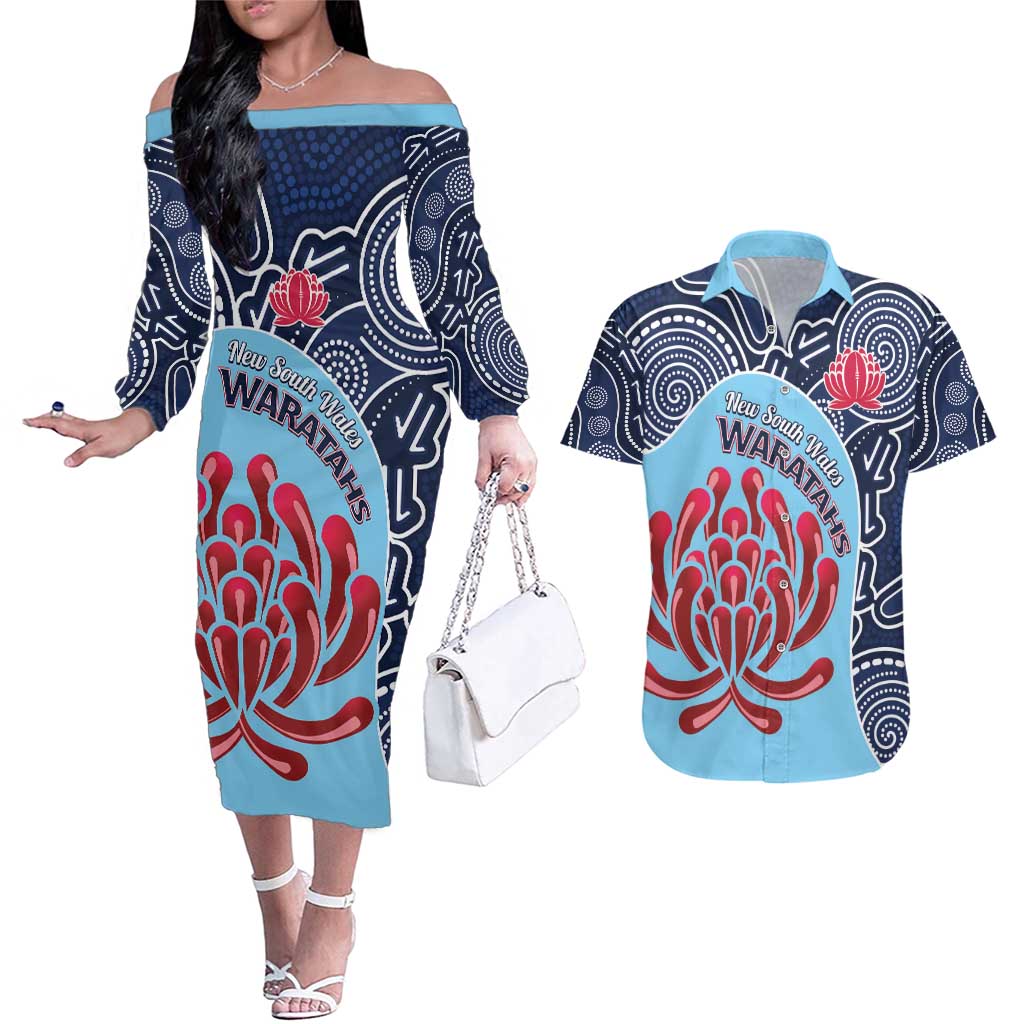 Custom Australia NSW Waratahs Couples Matching Off The Shoulder Long Sleeve Dress and Hawaiian Shirt Go Champions Aboriginal Art