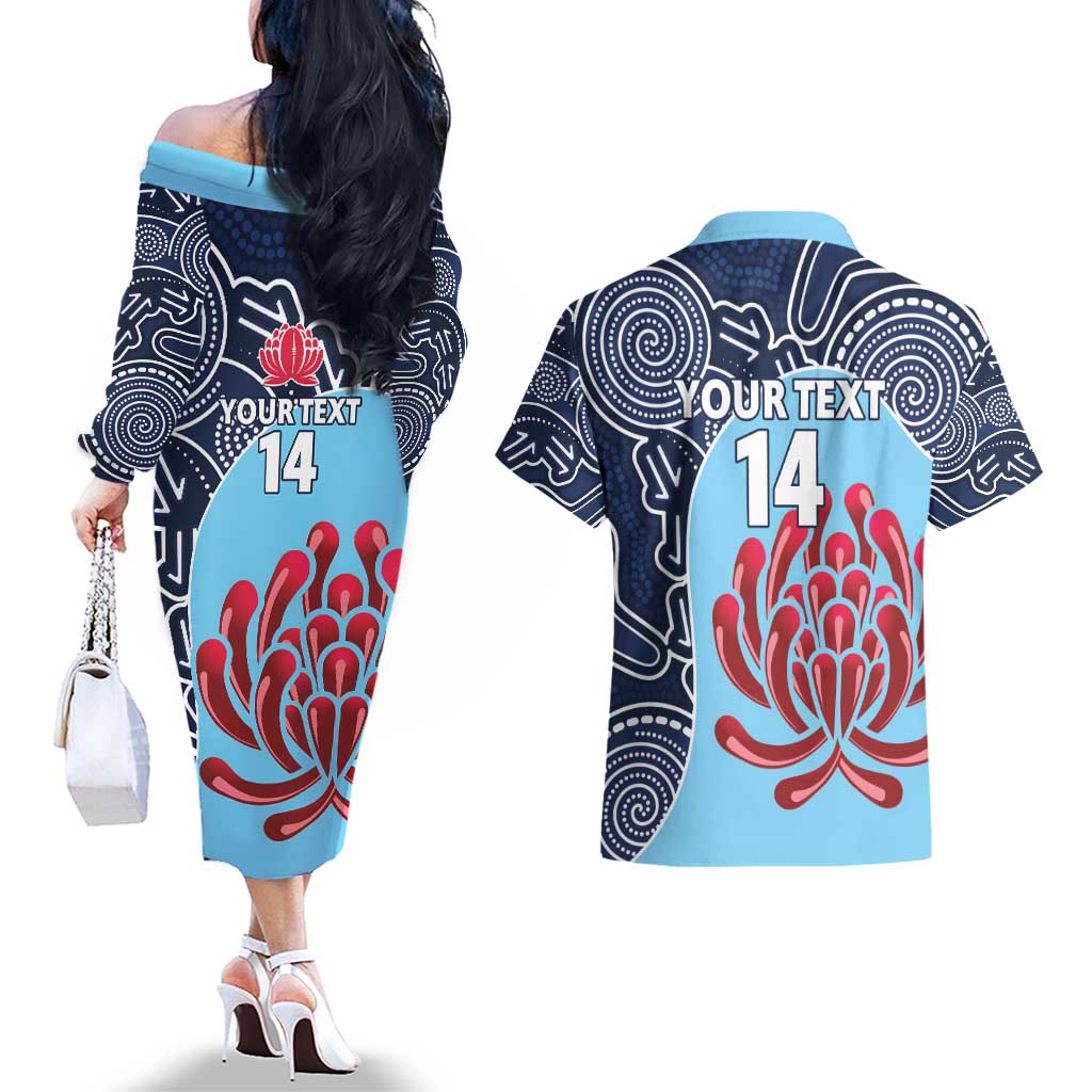 Custom Australia NSW Waratahs Couples Matching Off The Shoulder Long Sleeve Dress and Hawaiian Shirt Go Champions Aboriginal Art