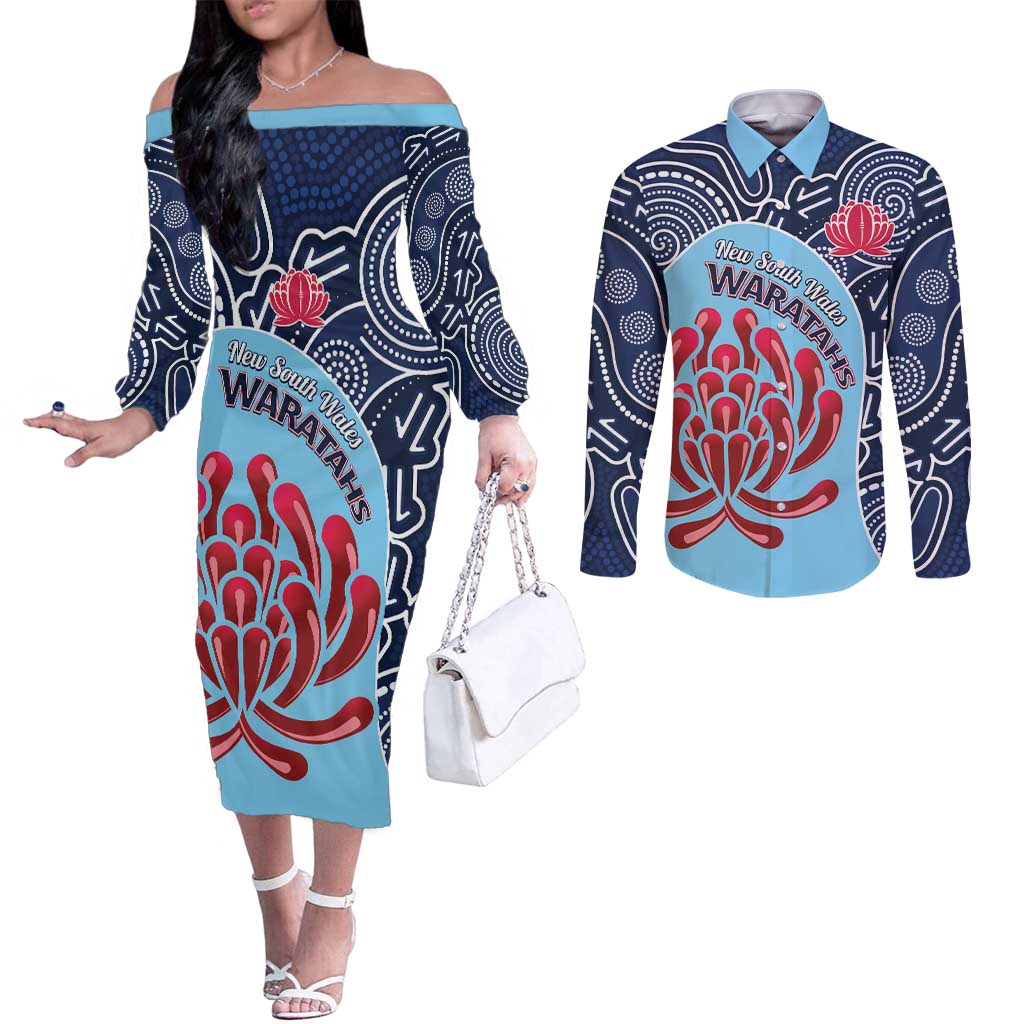 Custom Australia NSW Waratahs Couples Matching Off The Shoulder Long Sleeve Dress and Long Sleeve Button Shirt Go Champions Aboriginal Art
