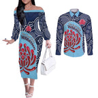 Custom Australia NSW Waratahs Couples Matching Off The Shoulder Long Sleeve Dress and Long Sleeve Button Shirt Go Champions Aboriginal Art