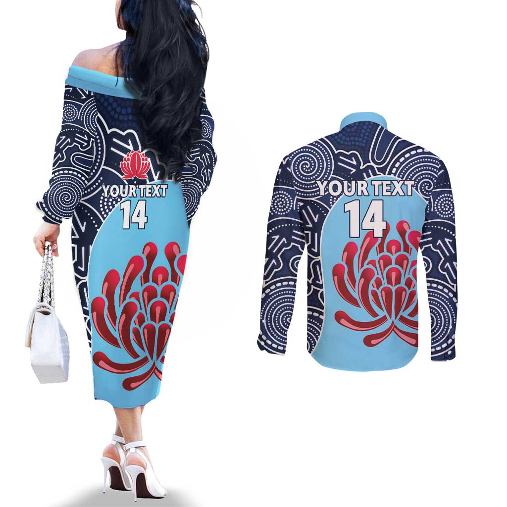 Custom Australia NSW Waratahs Couples Matching Off The Shoulder Long Sleeve Dress and Long Sleeve Button Shirt Go Champions Aboriginal Art