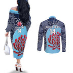 Custom Australia NSW Waratahs Couples Matching Off The Shoulder Long Sleeve Dress and Long Sleeve Button Shirt Go Champions Aboriginal Art