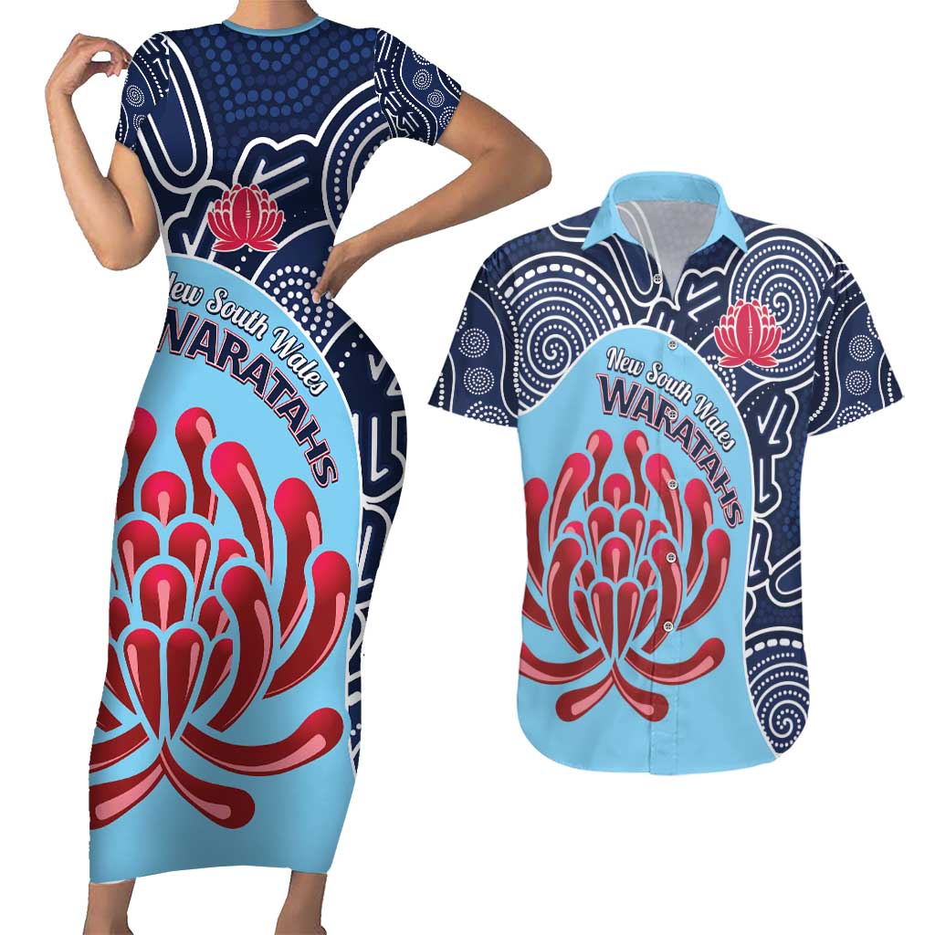 Custom Australia NSW Waratahs Couples Matching Short Sleeve Bodycon Dress and Hawaiian Shirt Go Champions Aboriginal Art