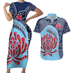 Custom Australia NSW Waratahs Couples Matching Short Sleeve Bodycon Dress and Hawaiian Shirt Go Champions Aboriginal Art