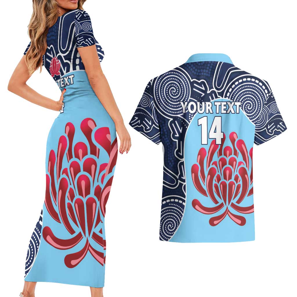 Custom Australia NSW Waratahs Couples Matching Short Sleeve Bodycon Dress and Hawaiian Shirt Go Champions Aboriginal Art