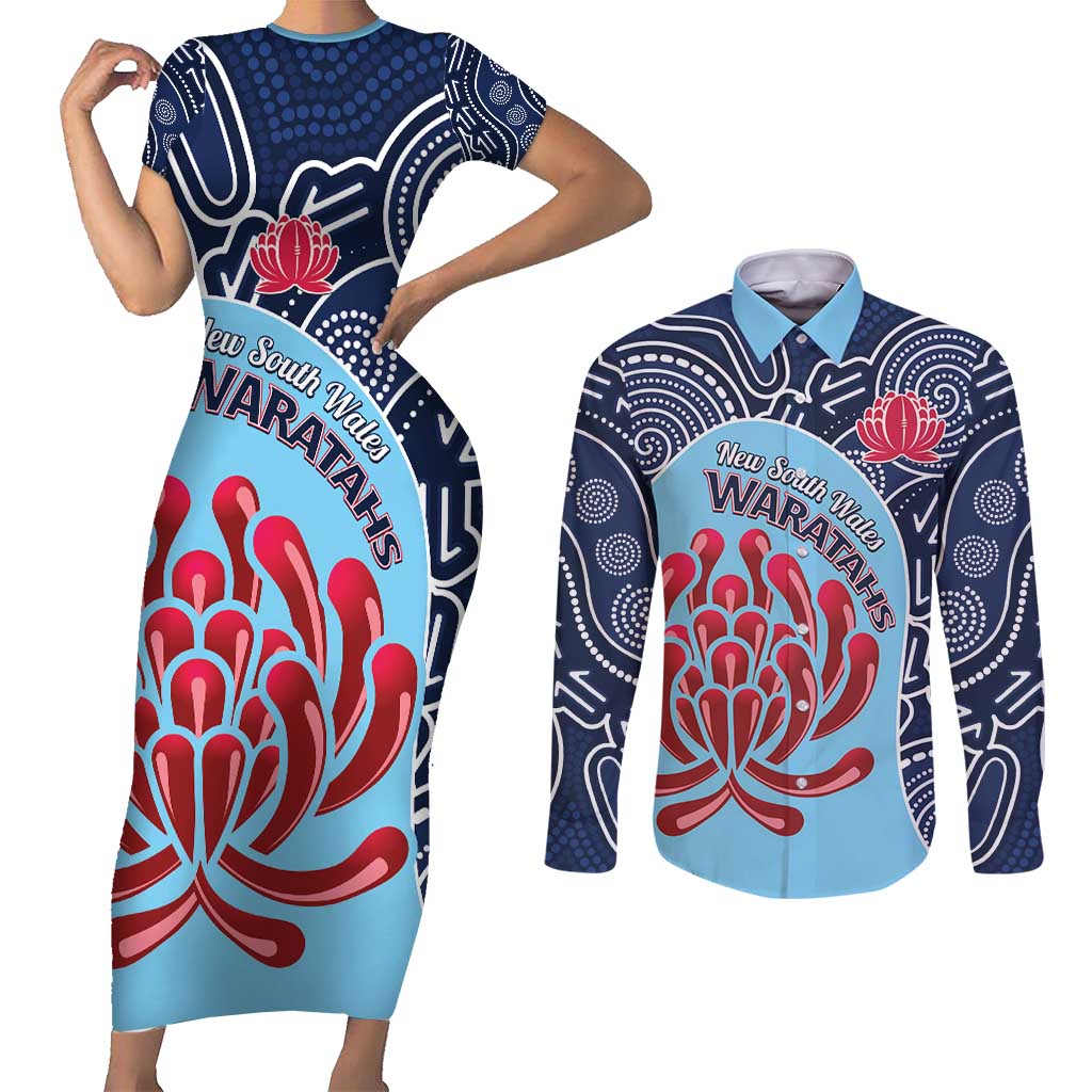 Custom Australia NSW Waratahs Couples Matching Short Sleeve Bodycon Dress and Long Sleeve Button Shirt Go Champions Aboriginal Art