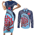 Custom Australia NSW Waratahs Couples Matching Short Sleeve Bodycon Dress and Long Sleeve Button Shirt Go Champions Aboriginal Art