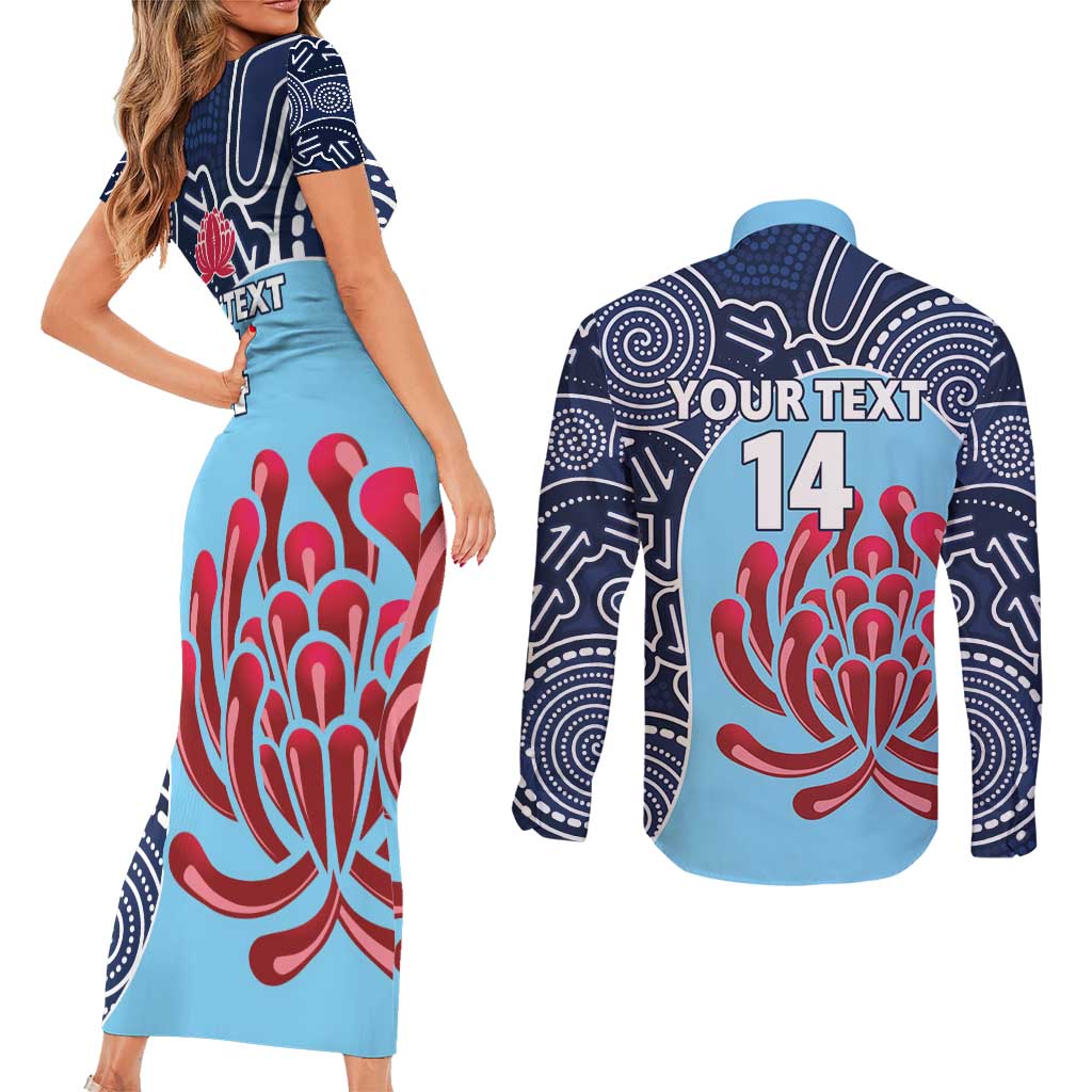 Custom Australia NSW Waratahs Couples Matching Short Sleeve Bodycon Dress and Long Sleeve Button Shirt Go Champions Aboriginal Art