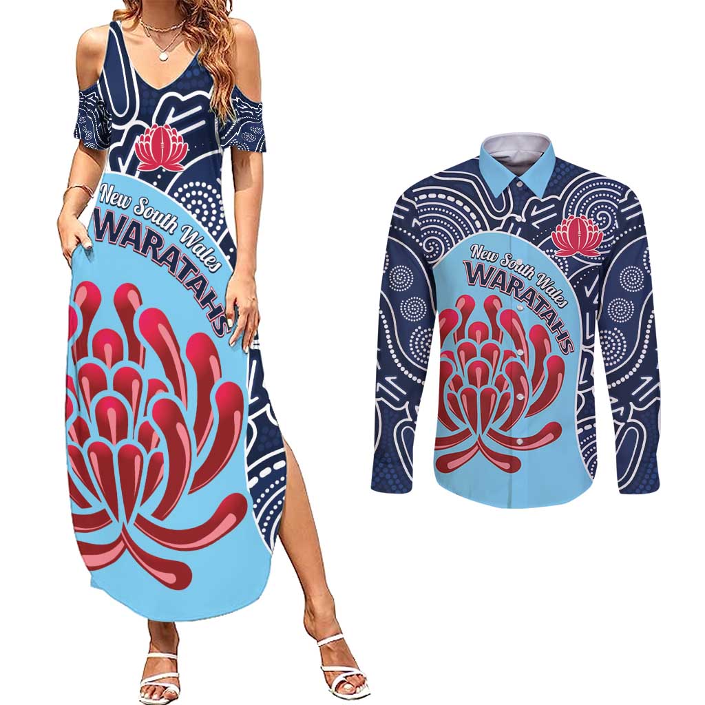 Custom Australia NSW Waratahs Couples Matching Summer Maxi Dress and Long Sleeve Button Shirt Go Champions Aboriginal Art