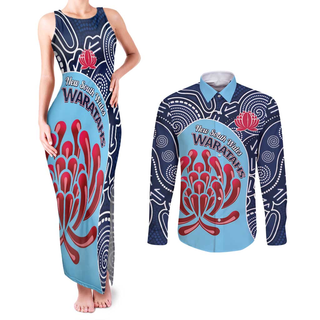 Custom Australia NSW Waratahs Couples Matching Tank Maxi Dress and Long Sleeve Button Shirt Go Champions Aboriginal Art