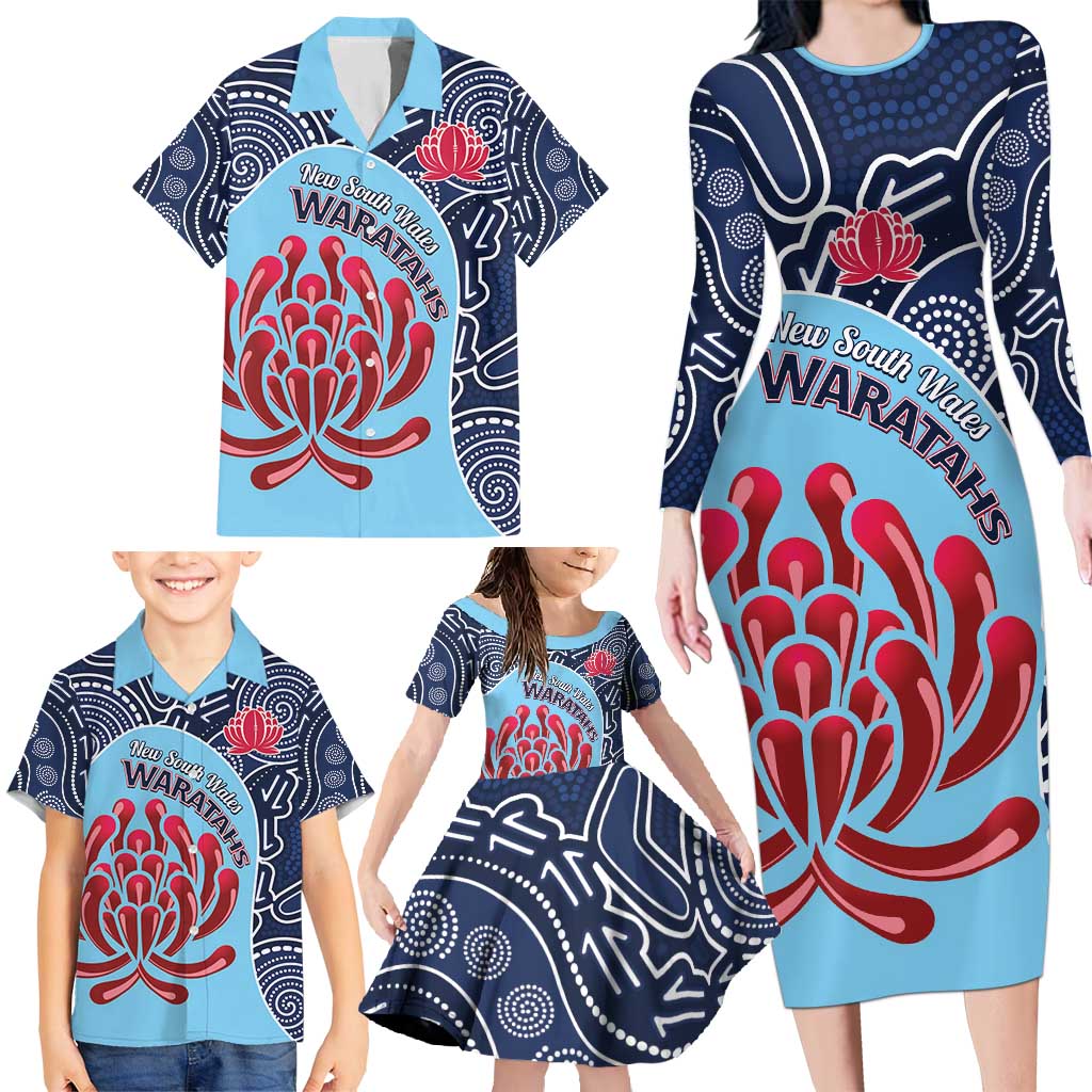 Custom Australia NSW Waratahs Family Matching Long Sleeve Bodycon Dress and Hawaiian Shirt Go Champions Aboriginal Art
