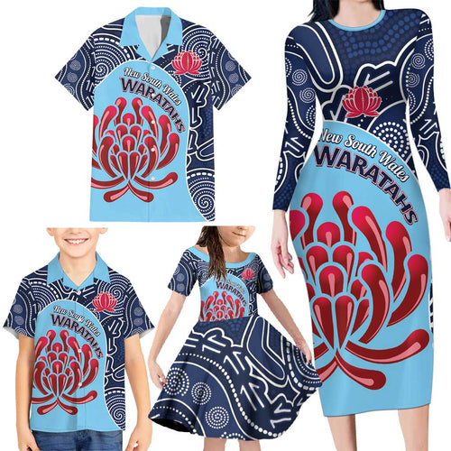 Custom Australia NSW Waratahs Family Matching Long Sleeve Bodycon Dress and Hawaiian Shirt Go Champions Aboriginal Art