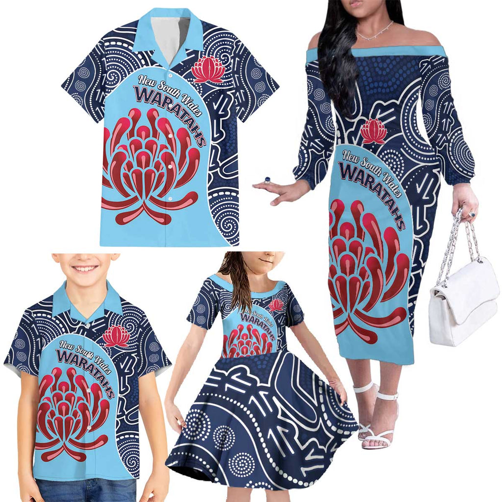 Custom Australia NSW Waratahs Family Matching Off The Shoulder Long Sleeve Dress and Hawaiian Shirt Go Champions Aboriginal Art