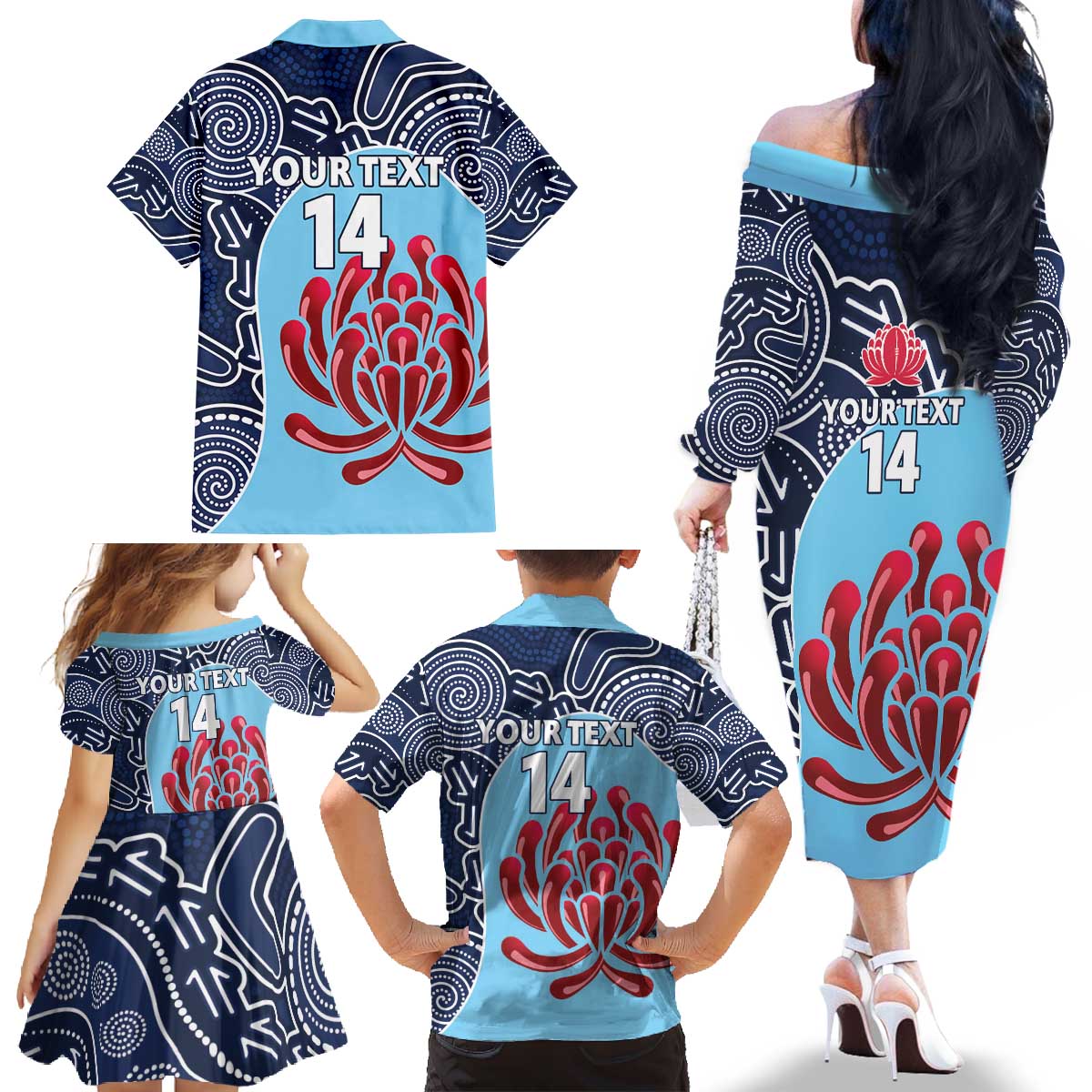 Custom Australia NSW Waratahs Family Matching Off The Shoulder Long Sleeve Dress and Hawaiian Shirt Go Champions Aboriginal Art