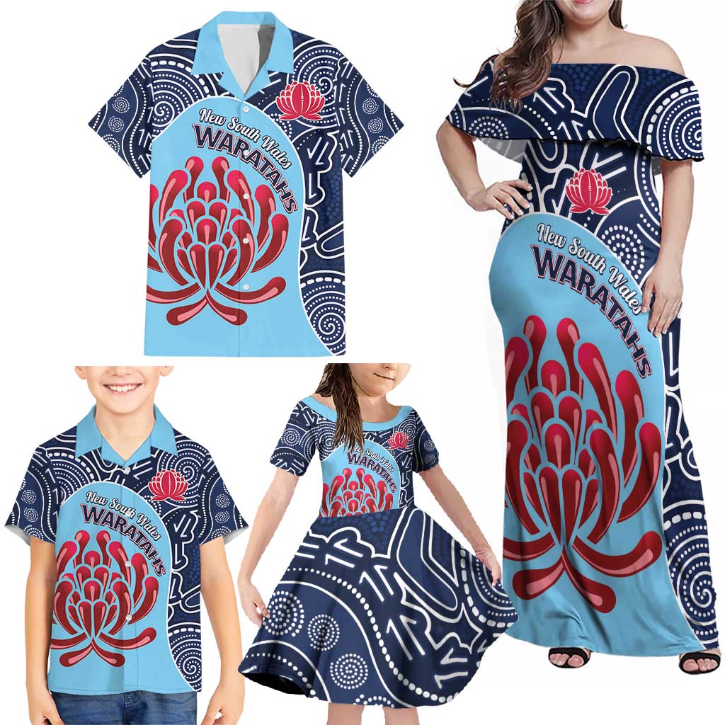 Custom Australia NSW Waratahs Family Matching Off Shoulder Maxi Dress and Hawaiian Shirt Go Champions Aboriginal Art