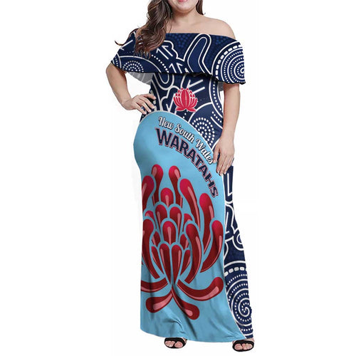 Custom Australia NSW Waratahs Family Matching Off Shoulder Maxi Dress and Hawaiian Shirt Go Champions Aboriginal Art