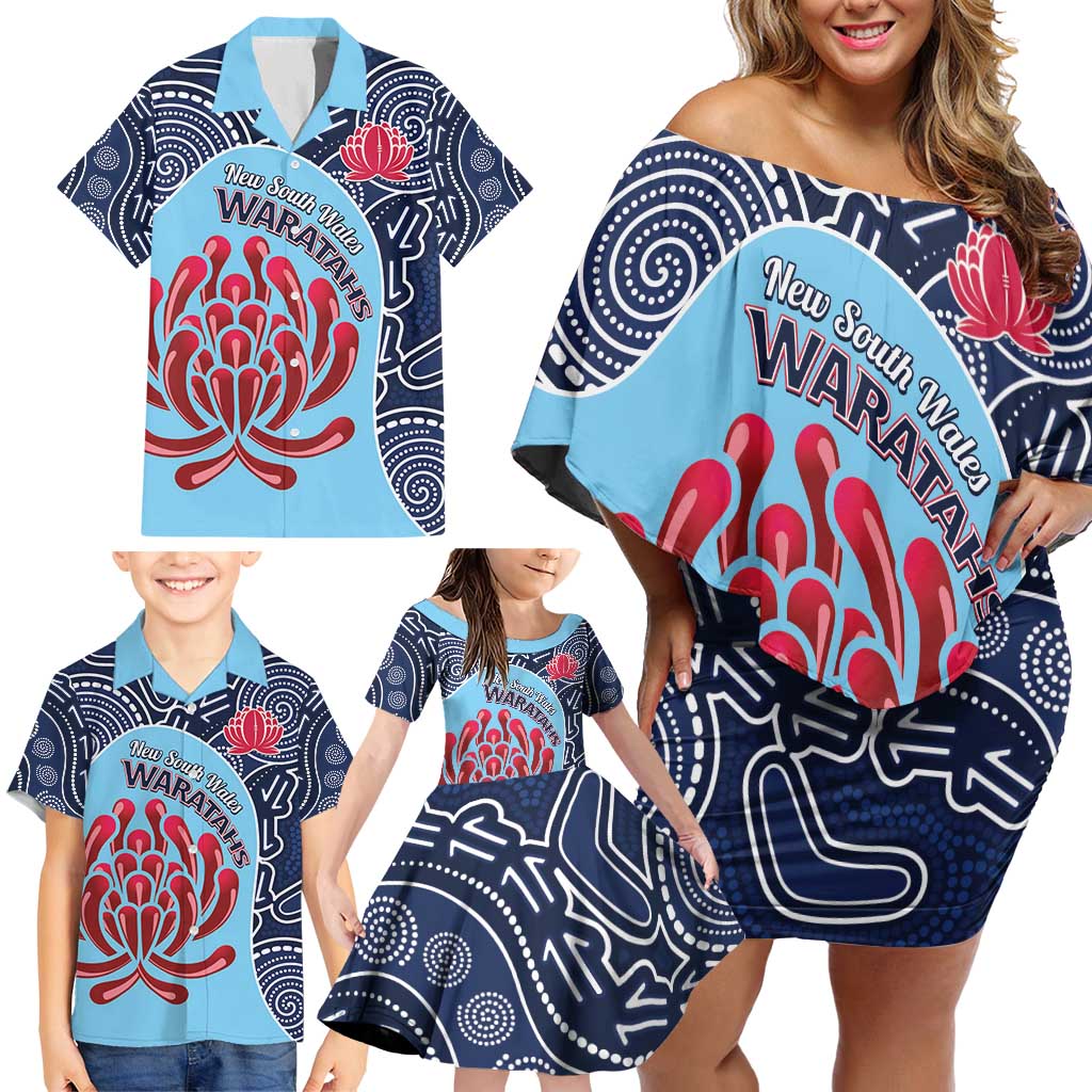 Custom Australia NSW Waratahs Family Matching Off Shoulder Short Dress and Hawaiian Shirt Go Champions Aboriginal Art