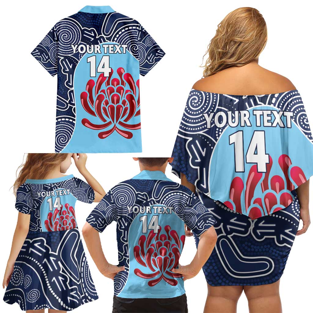 Custom Australia NSW Waratahs Family Matching Off Shoulder Short Dress and Hawaiian Shirt Go Champions Aboriginal Art