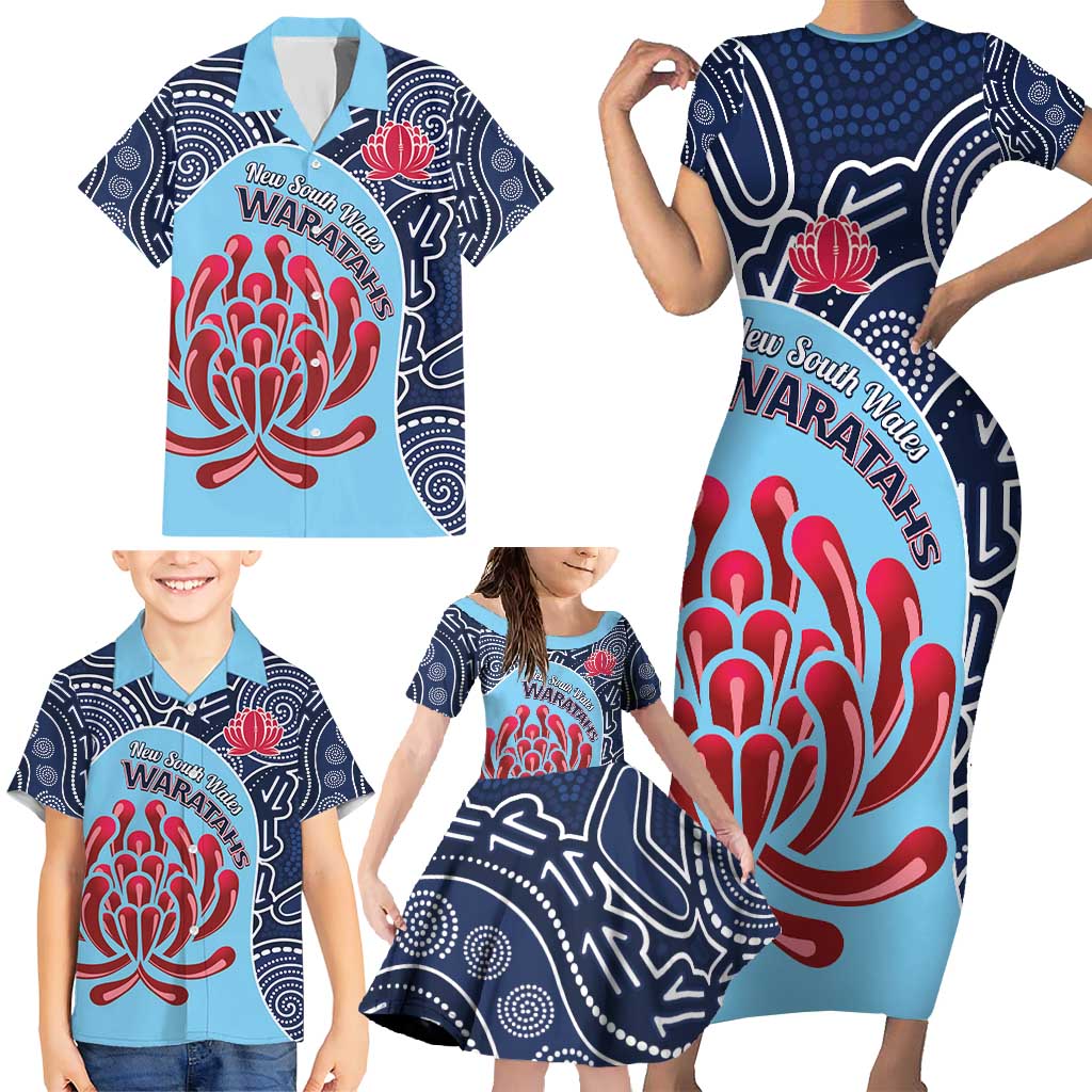 Custom Australia NSW Waratahs Family Matching Short Sleeve Bodycon Dress and Hawaiian Shirt Go Champions Aboriginal Art
