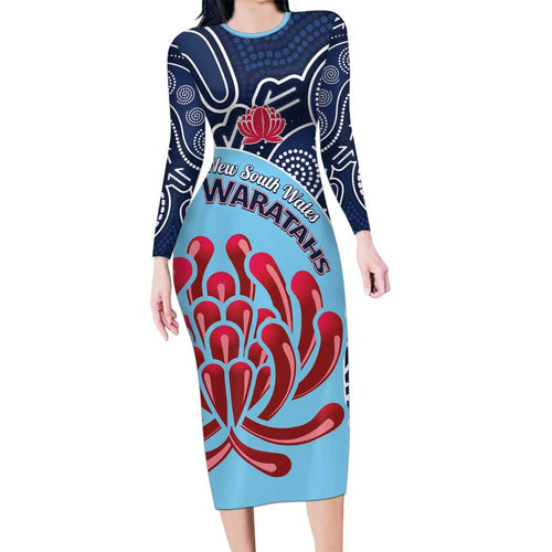 Custom Australia NSW Waratahs Long Sleeve Bodycon Dress Go Champions Aboriginal Art