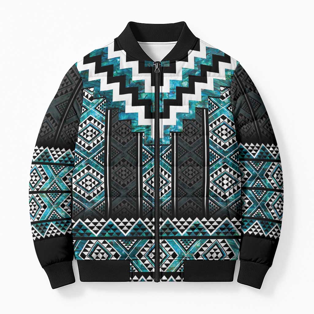 Paua Shell Taniko Pattern Aotearoa Bomber Puffer Jacket Niho Taniwha Mix Poutama - Aussie Hoodie