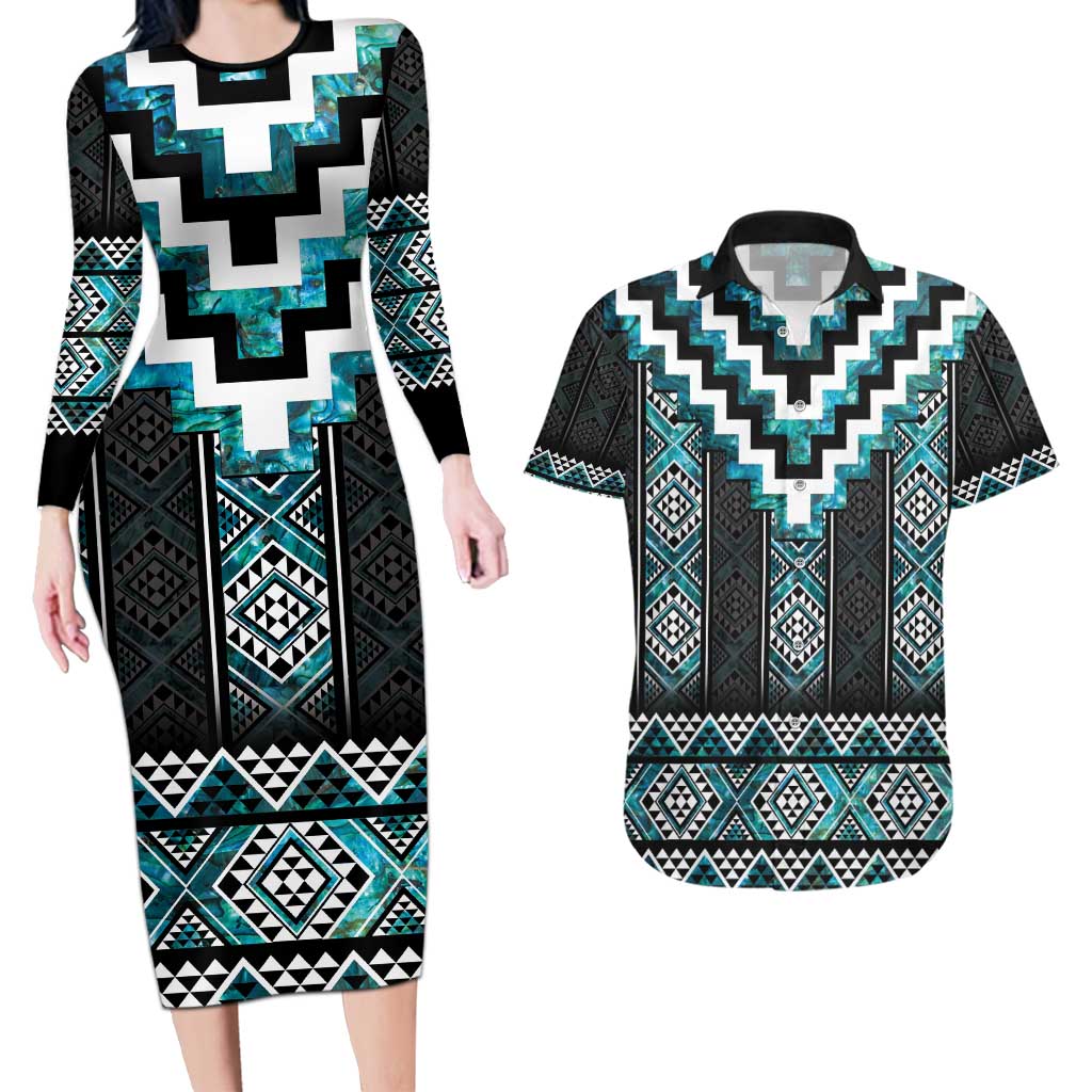 Paua Shell Taniko Pattern Aotearoa Couples Matching Long Sleeve Bodycon Dress and Hawaiian Shirt Niho Taniwha Mix Poutama