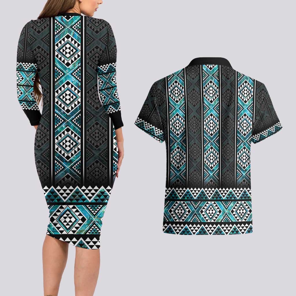 Paua Shell Taniko Pattern Aotearoa Couples Matching Long Sleeve Bodycon Dress and Hawaiian Shirt Niho Taniwha Mix Poutama