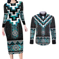 Paua Shell Taniko Pattern Aotearoa Couples Matching Long Sleeve Bodycon Dress and Long Sleeve Button Shirt Niho Taniwha Mix Poutama
