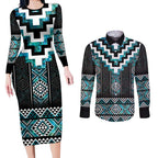 Paua Shell Taniko Pattern Aotearoa Couples Matching Long Sleeve Bodycon Dress and Long Sleeve Button Shirt Niho Taniwha Mix Poutama