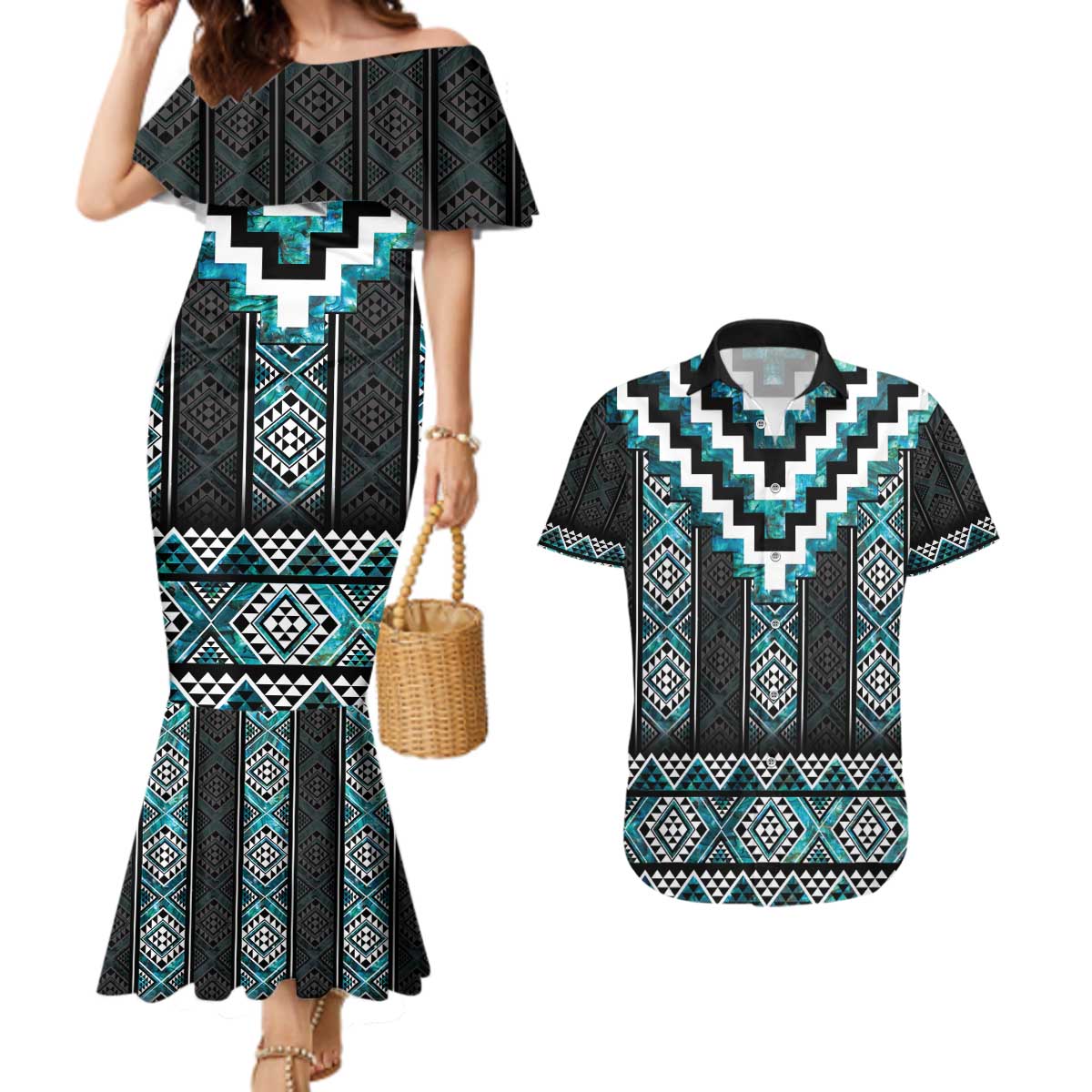 Paua Shell Taniko Pattern Aotearoa Couples Matching Mermaid Dress and Hawaiian Shirt Niho Taniwha Mix Poutama