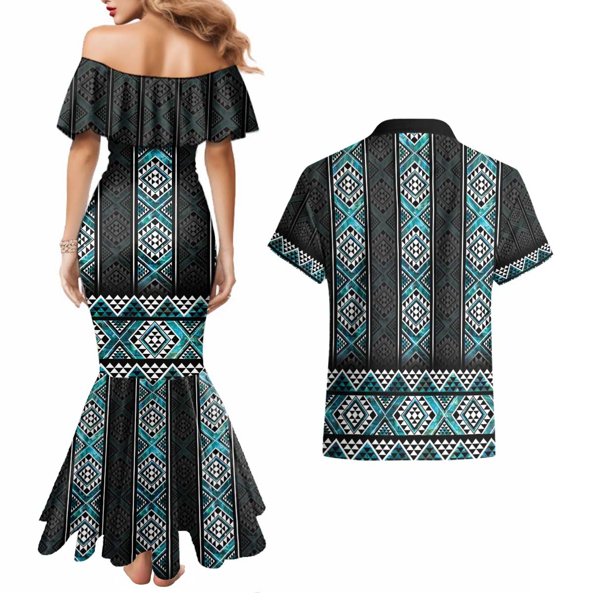 Paua Shell Taniko Pattern Aotearoa Couples Matching Mermaid Dress and Hawaiian Shirt Niho Taniwha Mix Poutama
