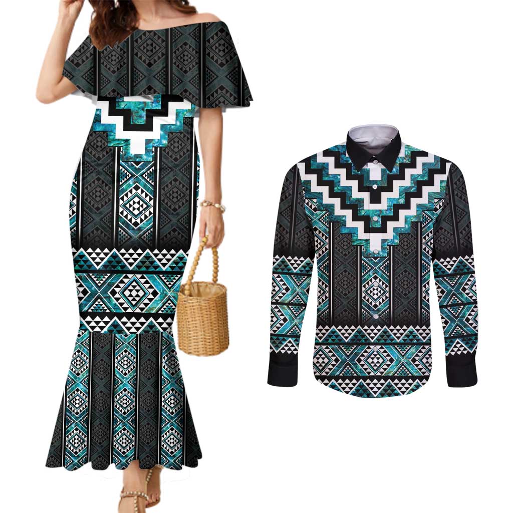Paua Shell Taniko Pattern Aotearoa Couples Matching Mermaid Dress and Long Sleeve Button Shirt Niho Taniwha Mix Poutama