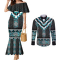 Paua Shell Taniko Pattern Aotearoa Couples Matching Mermaid Dress and Long Sleeve Button Shirt Niho Taniwha Mix Poutama