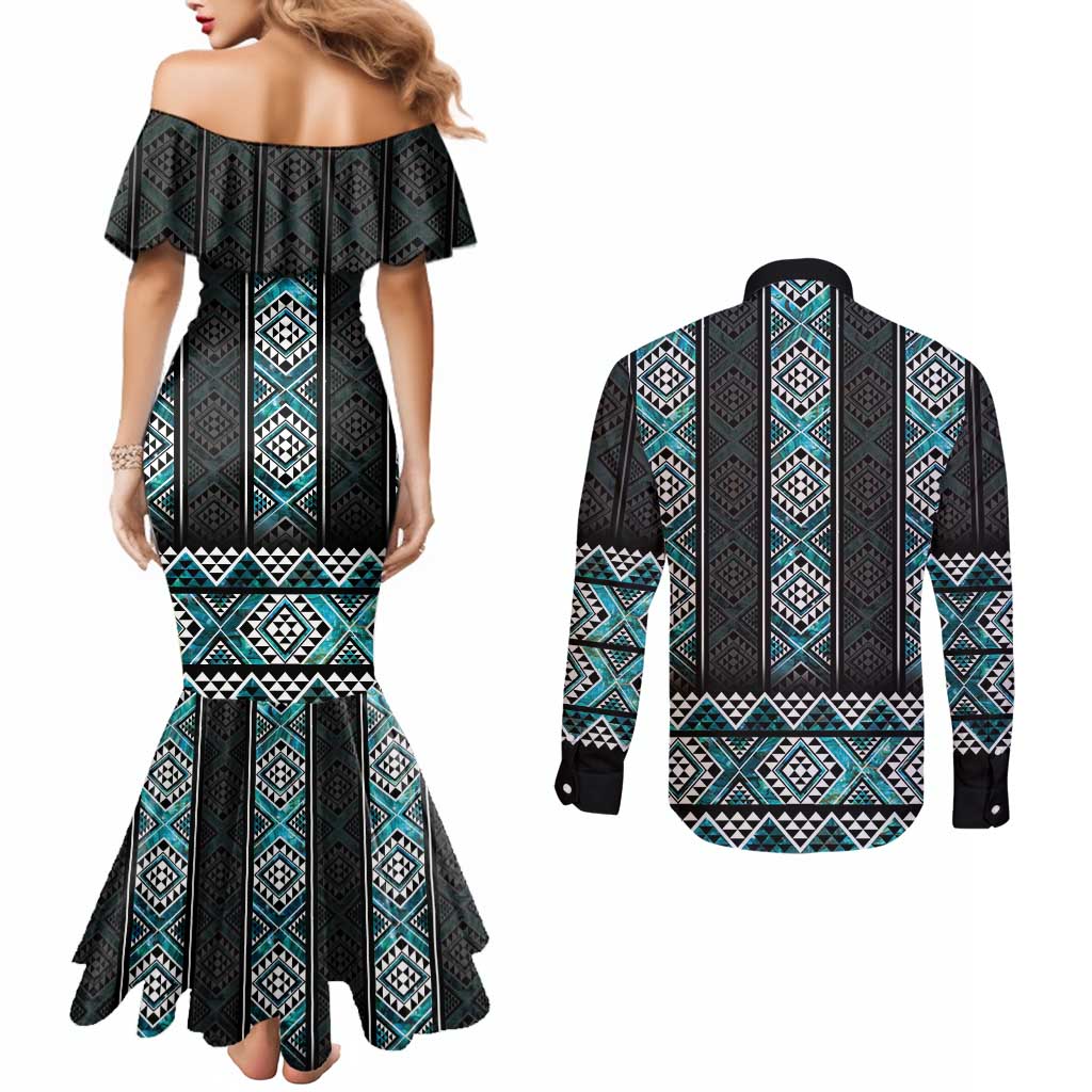 Paua Shell Taniko Pattern Aotearoa Couples Matching Mermaid Dress and Long Sleeve Button Shirt Niho Taniwha Mix Poutama