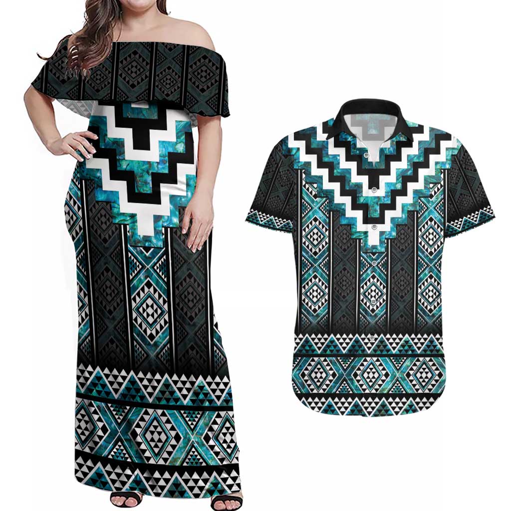 Paua Shell Taniko Pattern Aotearoa Couples Matching Off Shoulder Maxi Dress and Hawaiian Shirt Niho Taniwha Mix Poutama