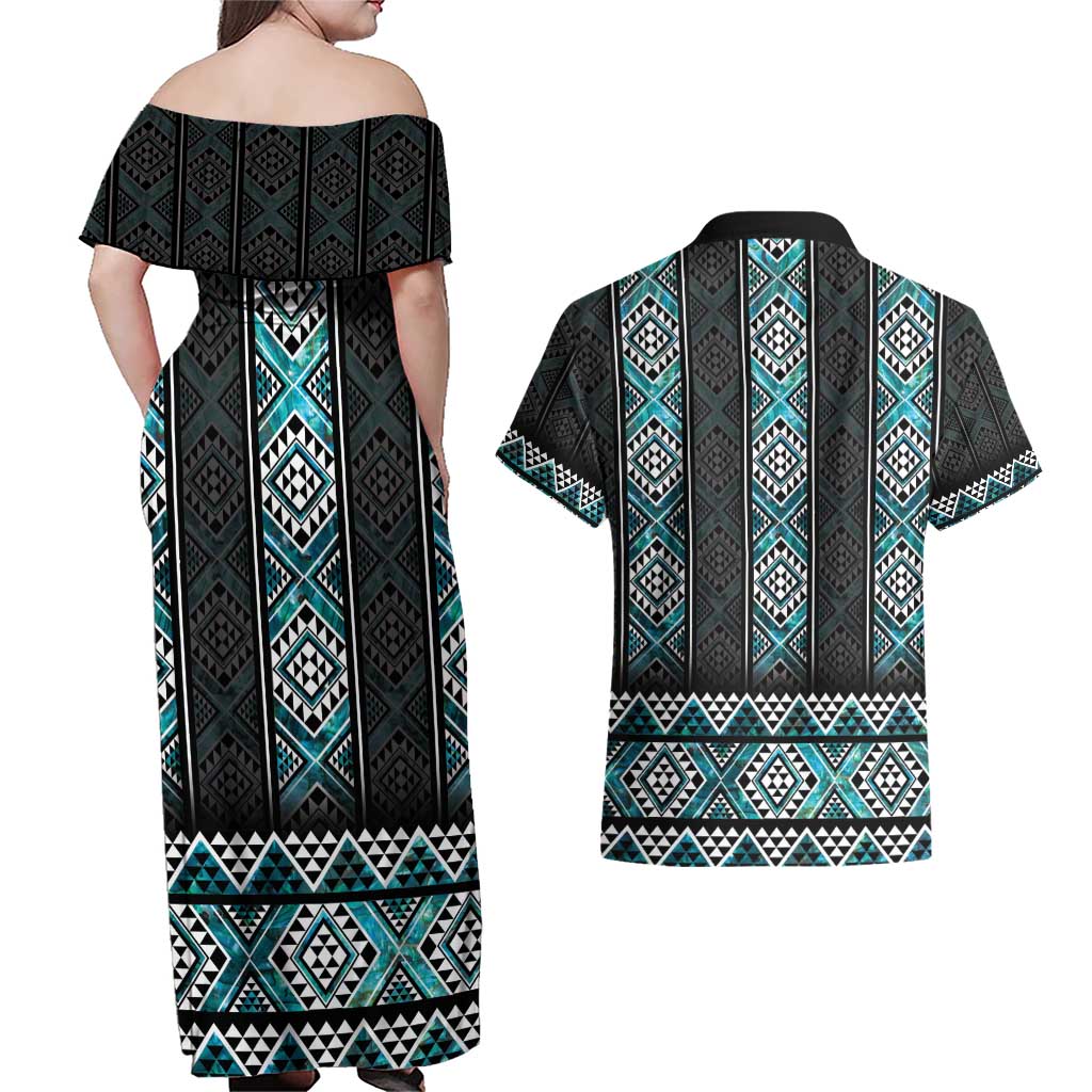 Paua Shell Taniko Pattern Aotearoa Couples Matching Off Shoulder Maxi Dress and Hawaiian Shirt Niho Taniwha Mix Poutama