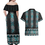 Paua Shell Taniko Pattern Aotearoa Couples Matching Off Shoulder Maxi Dress and Hawaiian Shirt Niho Taniwha Mix Poutama