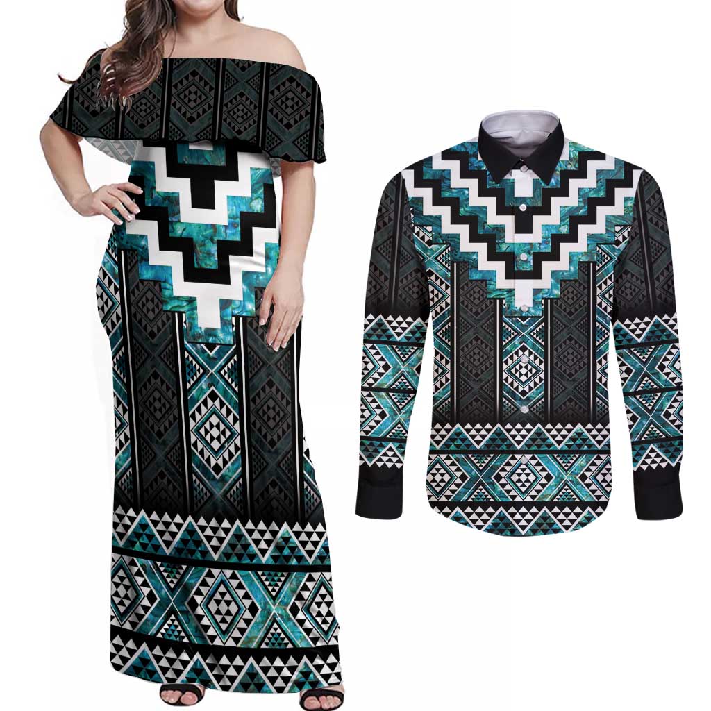Paua Shell Taniko Pattern Aotearoa Couples Matching Off Shoulder Maxi Dress and Long Sleeve Button Shirt Niho Taniwha Mix Poutama