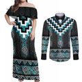 Paua Shell Taniko Pattern Aotearoa Couples Matching Off Shoulder Maxi Dress and Long Sleeve Button Shirt Niho Taniwha Mix Poutama
