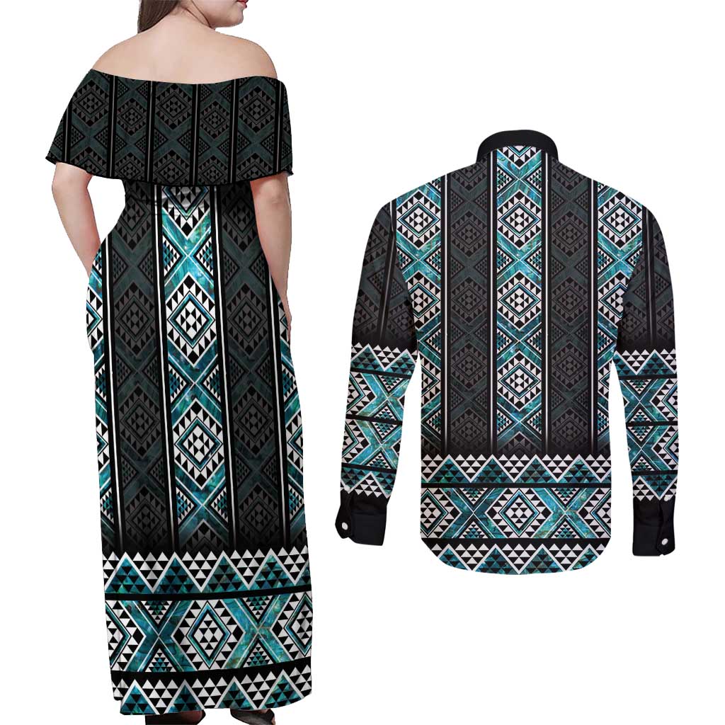 Paua Shell Taniko Pattern Aotearoa Couples Matching Off Shoulder Maxi Dress and Long Sleeve Button Shirt Niho Taniwha Mix Poutama